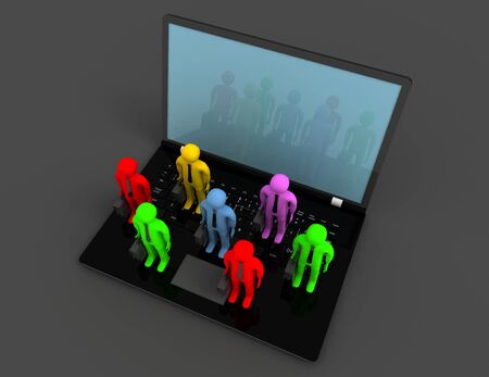 group of people figures on laptop, 3d renderの写真素材
