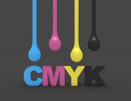 3D cmyk ink drops isolated on white and word cmykの写真素材