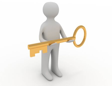3d man holding golden keyの写真素材