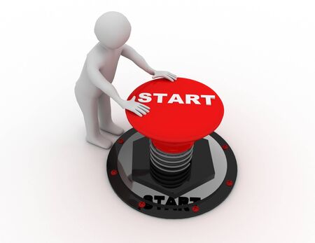 3d man pushing 'start' button. 3D rendered illustration