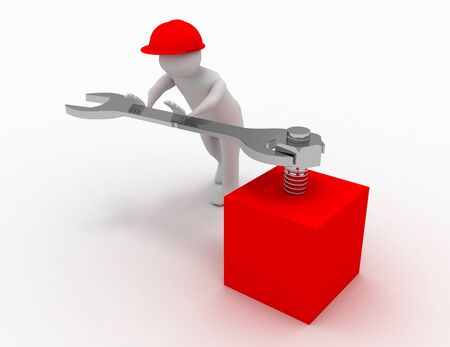 3d man with fork spanner tightening a nut on white backgroundの写真素材
