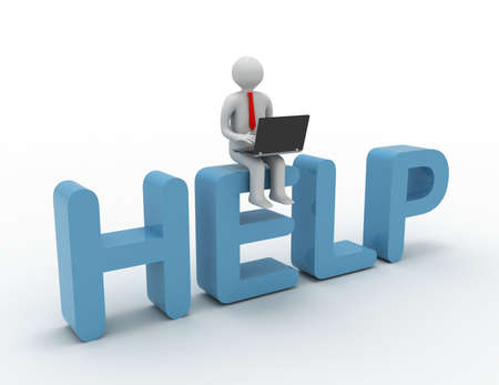 3d man sitting on word help. Organize conceptの写真素材