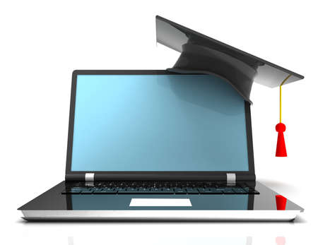 graduation cap on laptop - e-learning 3d conceptの写真素材