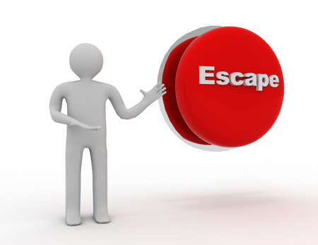 3d people - man, person with button and word escape. Panic button.