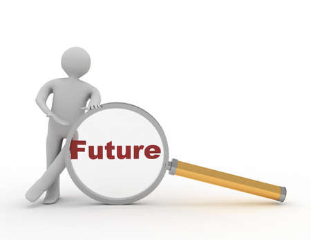 3d people - man, person holding magnifying glass looking at word text futureの写真素材
