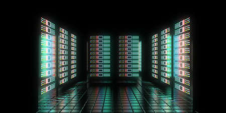 3d future datacenter concept with neon lights. 3d illustrationの写真素材