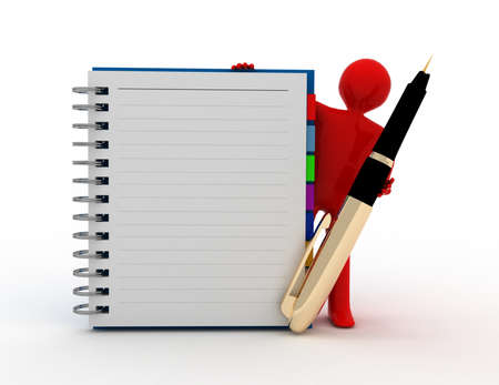 3d white person with blank spiral notepad and a penの写真素材