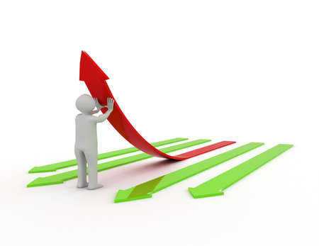 3d illustration of person pushing up one red  arrow.
