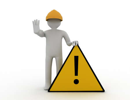 3d worker with traffic coins and warning signの写真素材