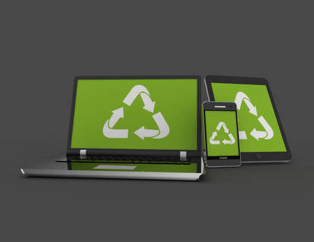 laptop smartphone and tablet pc with recycle sign . 3d rendered illustrationの写真素材