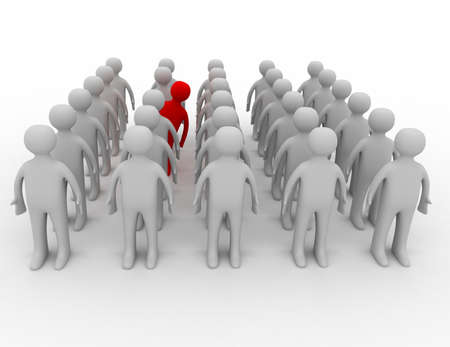Many people in rows but one is acting differentlyの写真素材