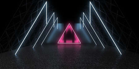 3D abstract background with neon lights. neon tunnel .space construction . 3d illustrationの写真素材