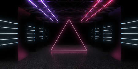 3D abstract background with neon lights. space construction . 3d illustration