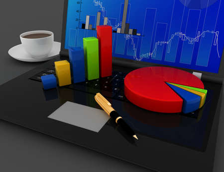 Business office concept. Graph and charts on laptop keyboard . 3d rendered illustrationの写真素材