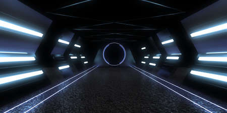 3D abstract background with neon lights. neon tunnel .space construction . 3d illustrationの写真素材
