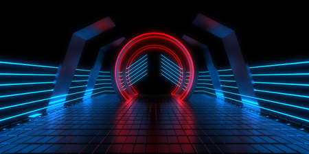 3D abstract background with neon lights. neon tunnel .space construction. 3d illustrationの写真素材