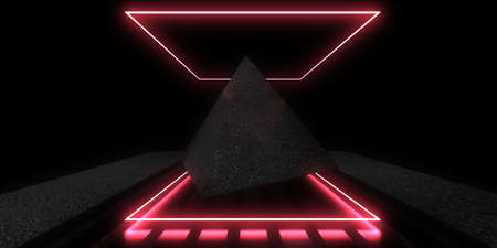 3D abstract background with neon lights. neon tunnel .space construction. pyramyd..3d illustration