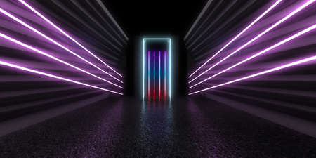 3D abstract background with neon lights. neon tunnel .space construction. .3d illustrationの写真素材