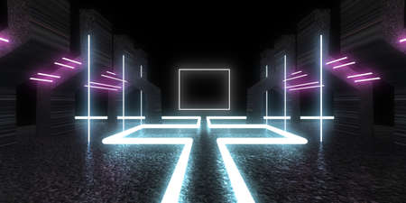 3D abstract background with neon lights. neon tunnel .space construction. .3d illustration