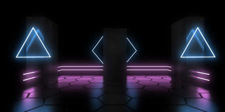 3D abstract background with neon lights.  .space construction . .3d illustration