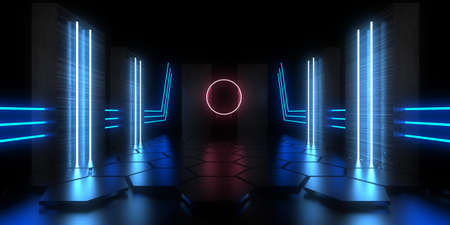 3D abstract background with neon lights. neon tunnel  .space construction . .3d illustration