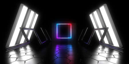 3D abstract background with neon lights. neon tunnel  .space construction . .3d illustration