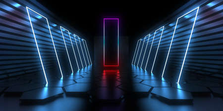 3D abstract background with neon lights. neon tunnel  .space construction . .3d illustrationの写真素材