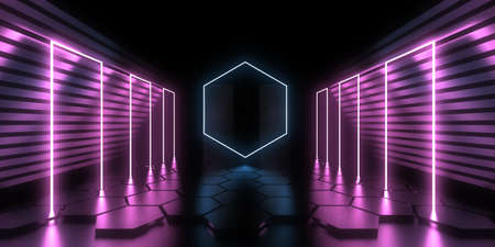 3D abstract background with neon lights. neon tunnel .space construction. .3d illustrationの写真素材