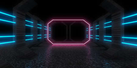 3D abstract background with neon lights. neon tunnel .space construction. .3d illustrationの写真素材