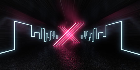 3D abstract background with neon lights. neon tunnel .space construction. .3d illustrationの写真素材