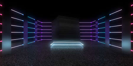 3D abstract background with neon lights. neon tunnel .space construction. .3d illustration