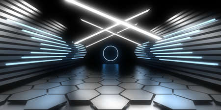 3D abstract background with neon lights. neon tunnel .space construction. .3d illustration