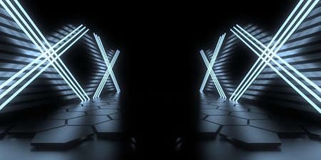 3D abstract background with neon lights. neon tunnel .space construction. .3d illustrationの写真素材