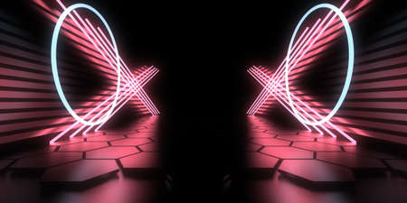 3D abstract background with neon lights. neon tunnel .space construction. .3d illustration