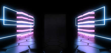 3D abstract background with neon lights. neon tunnel .space construction. .3d illustration