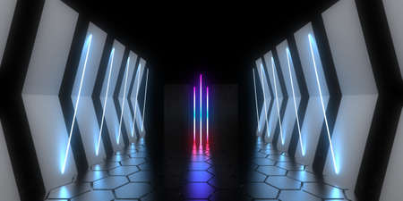 3D abstract background with neon lights. neon tunnel .space construction. .3d illustration