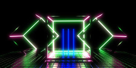 3D abstract background with neon lights. neon cubes.space construction . .3d illustration