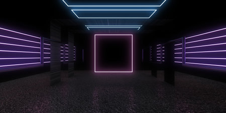 3D abstract background with neon lights. neon tunnel .space construction. .3d illustrationの写真素材