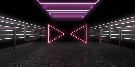 3D abstract background with neon lights. neon tunnel .space construction. .3d illustrationの写真素材