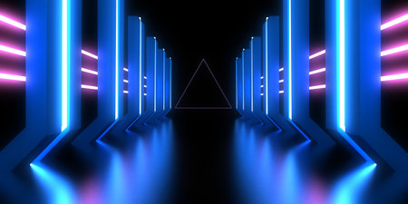 3D abstract background with neon lights. neon tunnel .space construction. .3d illustrationの写真素材