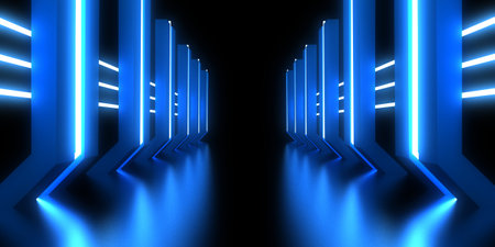 3D abstract background with neon lights. neon tunnel .space construction. .3d illustrationの写真素材