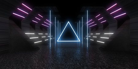 3D abstract background with neon lights. neon tunnel .space construction. .3d illustrationの写真素材