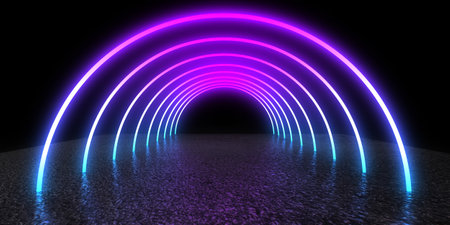 3D abstract background with neon lights. neon tunnel .space construction. .3d illustrationの写真素材