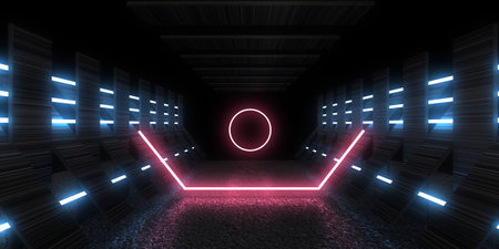 3D abstract background with neon lights. neon tunnel .space construction. .3d illustrationの写真素材