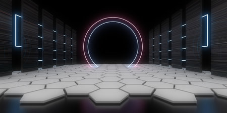 3D abstract background with neon lights. neon tunnel .space construction. .3d illustrationの写真素材