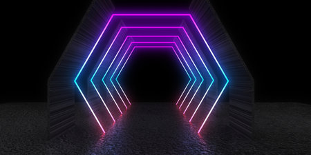 3D abstract background with neon lights. neon tunnel .space construction. .3d illustrationの写真素材