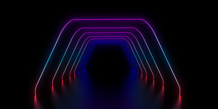 3D abstract background with neon lights. neon tunnel .space construction. .3d illustrationの写真素材