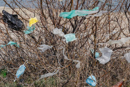 Closeup of face masks and plastic debris on branches of trees. Coronavirus (COVID-19) is...