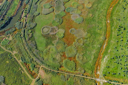 Aerial view on flood-meadow in Kartal Eco Park, Orlovka village, Reni raion, Odessa oblast, Ukraine, Eastern Europeの写真素材
