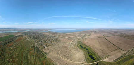 Aerial view on flood-meadow in Kartal Eco Park, Orlovka village and Karta lake, Reni raion, Odessa oblast, Ukraine, Eastern Europeの写真素材